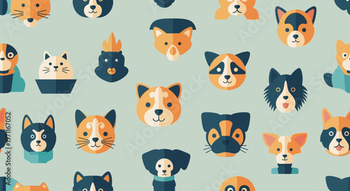 Adorable Cartoon Animal Faces Seamless Pattern A Diverse Collection of Flat Design Dogs and Cats for Pet-Themed Backgrounds and Graphics