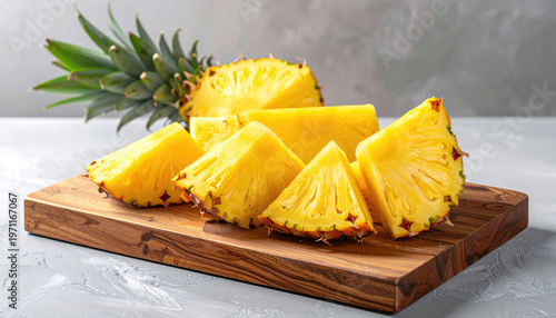 Fresh pineapple slices on a wooden cutting board