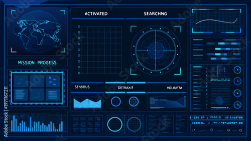 Futuristic digital interface displaying a world map and data visualizations