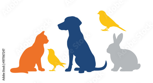 Colorful collection of popular household pets depicted as clean vector silhouettes against a bright white background, symbolizing animal companionship and diversity