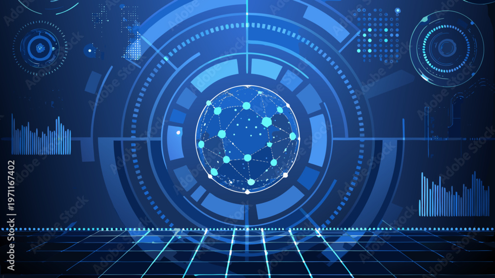 Obraz premium Futuristic network interface with glowing blue digital elements and data streams