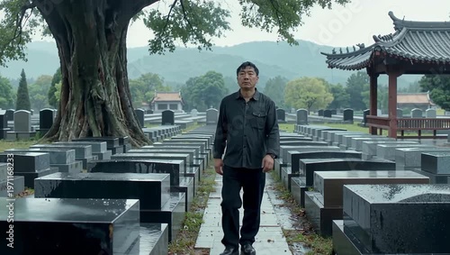 Man walking through a cemetery in a rainy, somber atmosphere.
