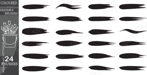 Colored Editable Brushes, Vector Brush Set, 24 Black Brush Strokes, Digital Painting Tools