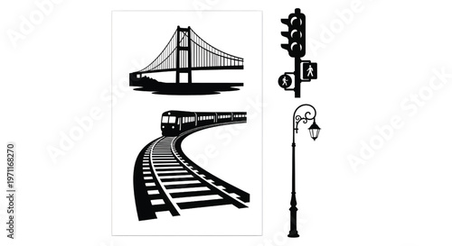 A black and white illustration of city infrastructure