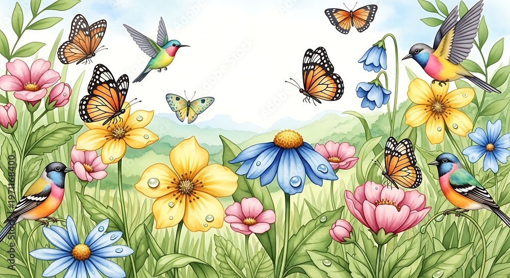 Naklejka premium Vibrant garden scene with colorful flowers, butterflies, and birds in a lively, sunny meadow, showcasing nature's beauty and tranquility.