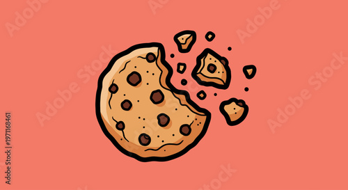 A cartoon-style illustration of a broken chocolate chip cookie on a peach background, evoking feelings of comfort and indulgence.