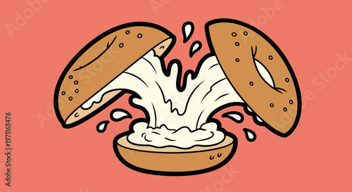 A playful illustration of a bagel being opened to reveal a burst of creamy cheese spread, perfect for food or advertising concepts.