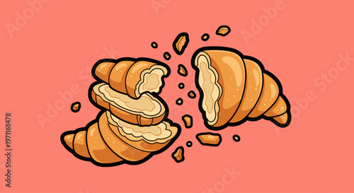A broken croissant with crumbs flying everywhere on a pink background. A playful and eye-catching illustration of a flaky pastry.