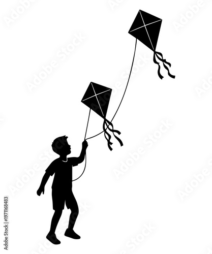 Boy flying two kites flying in wind silhouette
