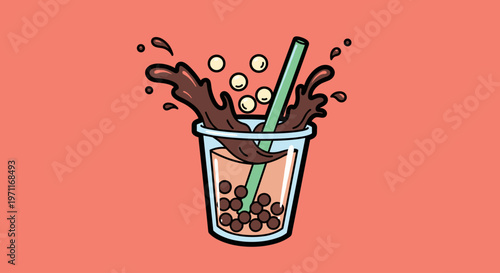 A cartoon-style illustration of a refreshing brown bubble tea drink with a green straw, splashing against a vibrant orange background, evoking a sense