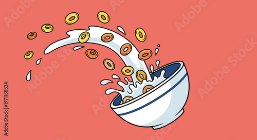 A playful illustration of a cereal bowl with milk splashing out and cereal rings flying through the air, conveying a sense of fun and energy.