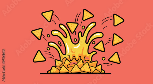 A playful cartoon illustration of a cheesy nacho explosion on a solid red background, conveying fun and excitement.