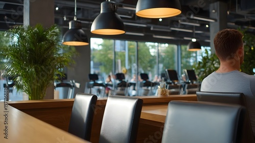 Modern gym interior with a cafe area blurred fitness equipment and a person relaxing in the foreground