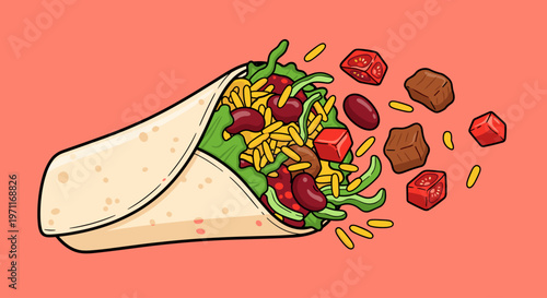 A vibrant cartoon burrito overflowing with colorful ingredients on a solid peach background, evoking a sense of freshness and appetizing food.