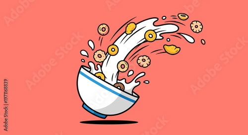 A playful cartoon illustration of donuts jumping out of a bowl of milk, conveying fun and surprise.