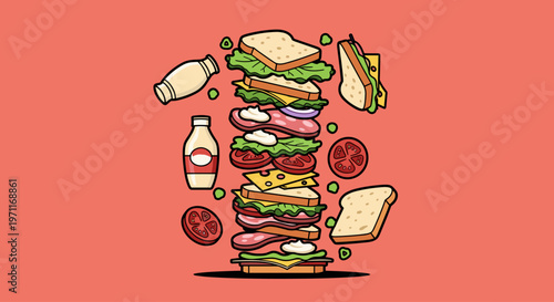 A playful illustration of sandwich ingredients flying in the air, conveying a sense of freshness and abundance, perfect for food-related marketing or 