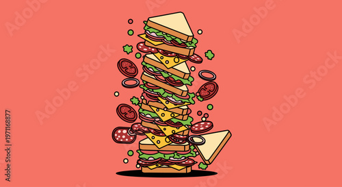 A playful illustration of a stacked sandwich exploding with ingredients flying everywhere, perfect for a fun and casual food concept.