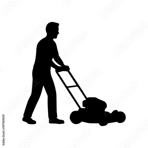 Man pushing lawn mower silhouette mowing lawn