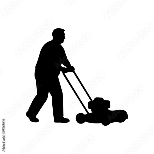 Man pushing lawn mower silhouette mowing lawn