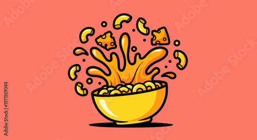 A playful cartoon illustration of macaroni and cheese splashing out of a bowl, evoking a sense of fun and comfort food.