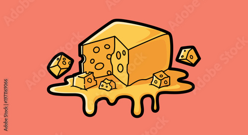 A stylized illustration of a melting cheese wedge with smaller pieces around it, evoking a sense of playfulness and fun.