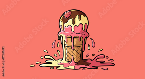 A cartoon-style illustration of a melting ice cream cone with colorful drips on a pink background, evoking a sense of sweet treat indulgence.