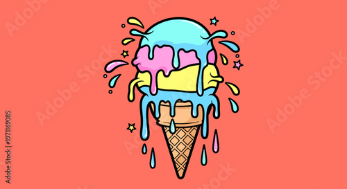 A colorful, cartoon-style illustration of a melting ice cream cone on a vibrant background, evoking a sense of fun and playfulness.