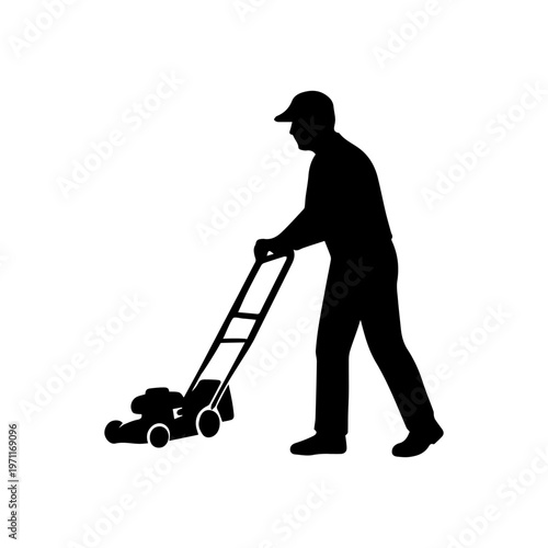Man operating lawn mower cutting grass silhouette