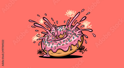 A vibrant cartoon donut with pink frosting and sprinkles explodes in a dynamic illustration.