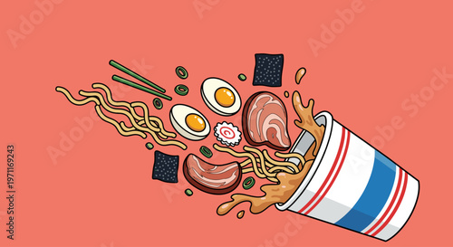 A vibrant illustration of ramen noodles and ingredients spilling out of a take-out cup, evoking a sense of casual dining and comfort food.