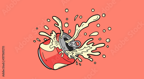 A cartoon-style illustration of a red soda can with liquid splashing out, conveying a sense of fun and refreshment.
