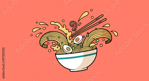 A vibrant illustration of a steaming bowl of ramen noodles with chopsticks and egg slices, evoking a sense of hunger and comfort food.