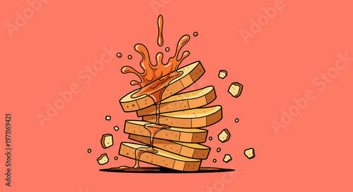 A playful cartoon illustration of toast slices with syrup pouring on top, creating a lively and appetizing scene.