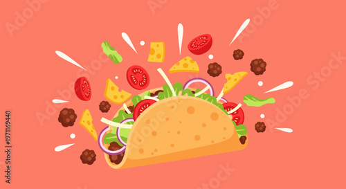 A colorful taco with ingredients flying out, conveying excitement and freshness.