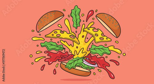 A vibrant illustration of a burger exploding with cheese, lettuce, and sauce, conveying a sense of fun and deliciousness.