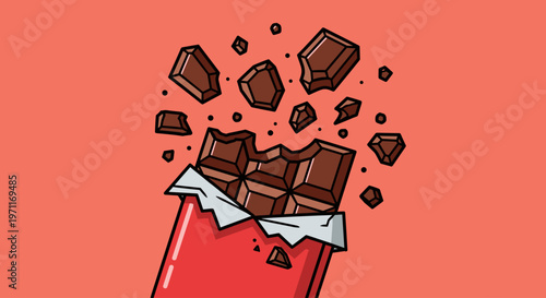 A playful illustration of chocolate pieces bursting out of a red wrapper on a peach background, evoking a sense of fun and temptation.