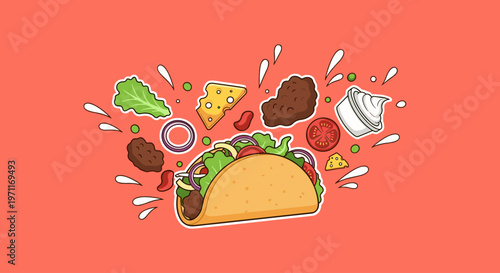 A colorful illustration of a taco with various ingredients like lettuce, cheese, and meat flying around it, conveying a sense of excitement and abunda