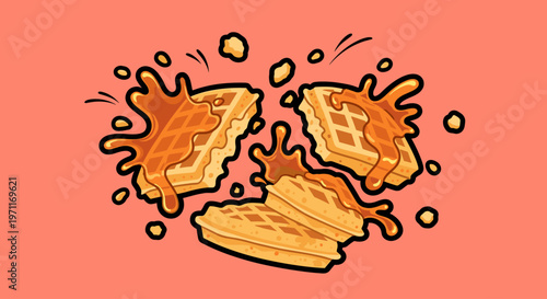 A playful and appetizing illustration of waffles with syrup splashing on a peach background, evoking a sense of fun and deliciousness.