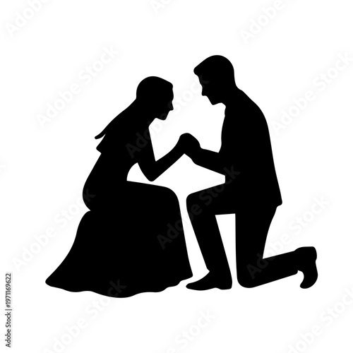 Man kneeling proposing marriage to woman silhouette