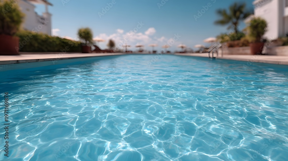 Fototapeta premium Crystal clear blue swimming pool with shimmering water reflections set against a backdrop of a sunny resort lounge area and tropical foliage