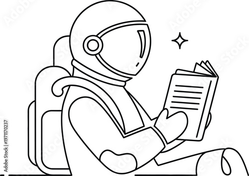 Astronaut reading a book in space a whimsical line art illustration