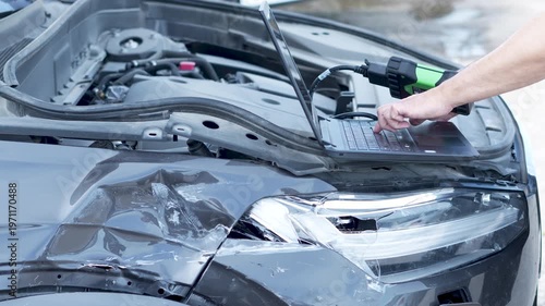 mechanic man at auto service using check up device