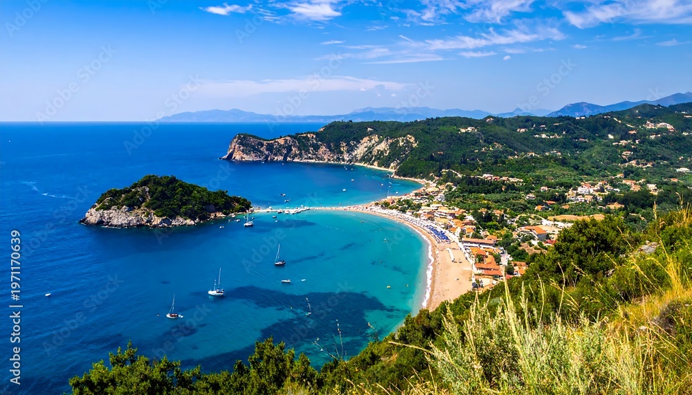 Fototapeta premium Scenic coastal view of a beautiful beach with turquoise water and lush greenery.