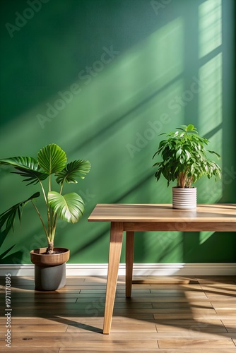 Eco-friendly Interior with Wood Table, Green Wall, and Leaf Shadow from Sunlight 
