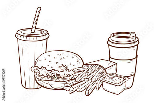 A fast-food combo meal with burger, french fries, sauce, and two glasses of beverages. A vector set of meal in an engraving style for designing café menus, posters for snack bars, food delivery apps