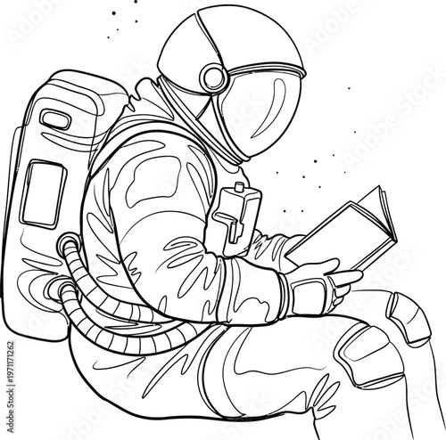 Astronaut reading in space a sketch of cosmic contemplation