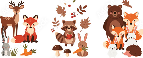 Cute Woodland Forest Animals Cartoon Set with Fox, Deer, Bear, Raccoon, Rabbit and Hedgehog with Autumn Leaves for Kids Illustration Design