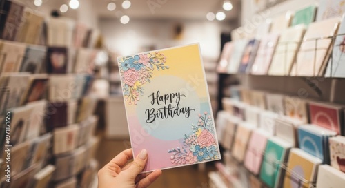 Hand holding a colorful Happy Birthday card in a store with shelves of greeting cards in the background.