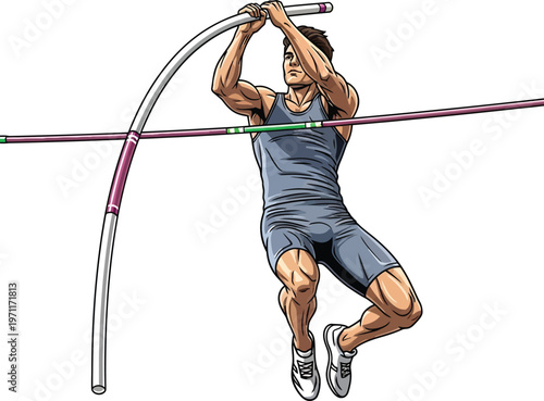 Dynamic male pole vaulter in mid-air clearing the bar during an athletic competition representing strength determination and achievement