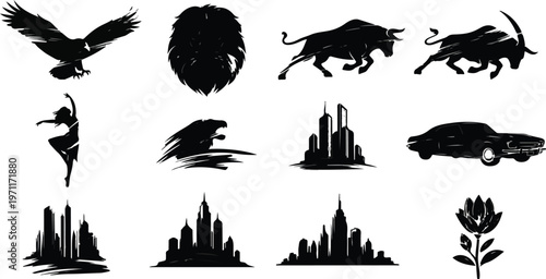 Silhouette dancer leaping over city skyline at dusk with dramatic shadow